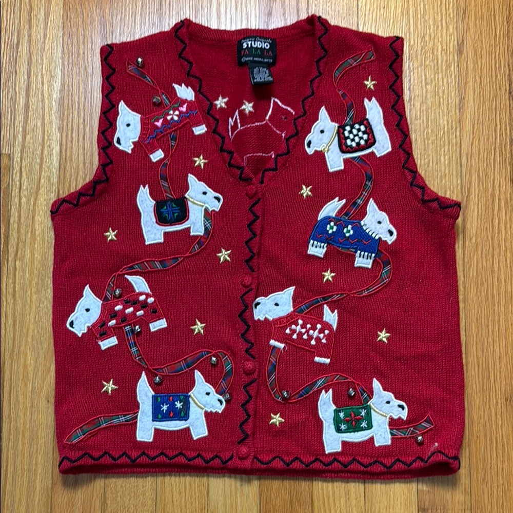 Vintage Red Christmas Vest with Dog Design